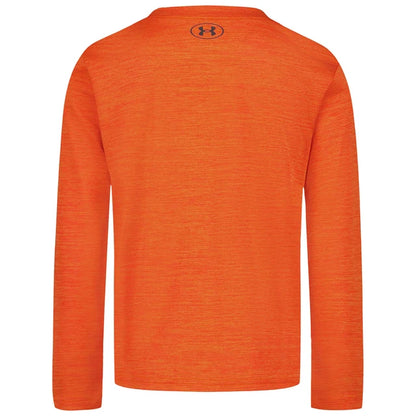 Chandail - Under Armour orange à manches longues en tissu technique, pour enfant, vue de dos avec logo au col.