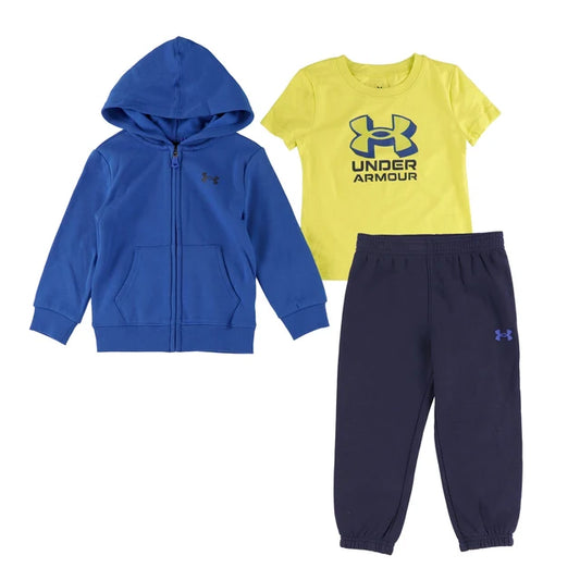Ensemble 3 pièces - Under Armour pour enfant avec veste à capuche bleue tee shirt jaune et pantalon bleu marine présenté à plat