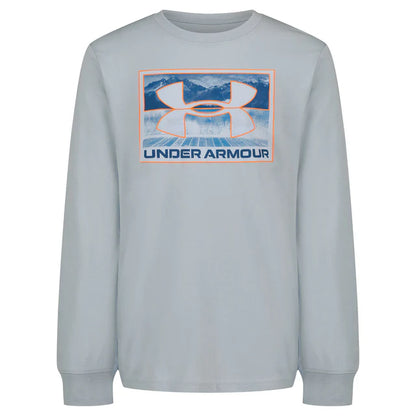 Chandail - Under Armour à manches longues gris clair avec logo orange et bleu représentant un paysage montagneux, vue de face.