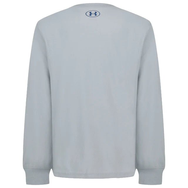 Chandail - Under Armour gris clair à manches longues en tissu léger, vue de dos avec logo imprimé bleu marine au col.