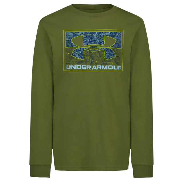 Chandail - Under Armour vert olive à manches longues avec logo graphique bleu et jaune, en coton, vue de face.