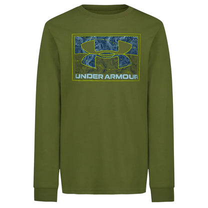 Chandail - Under Armour vert olive à manches longues avec logo graphique bleu et jaune, en coton, vue de face.