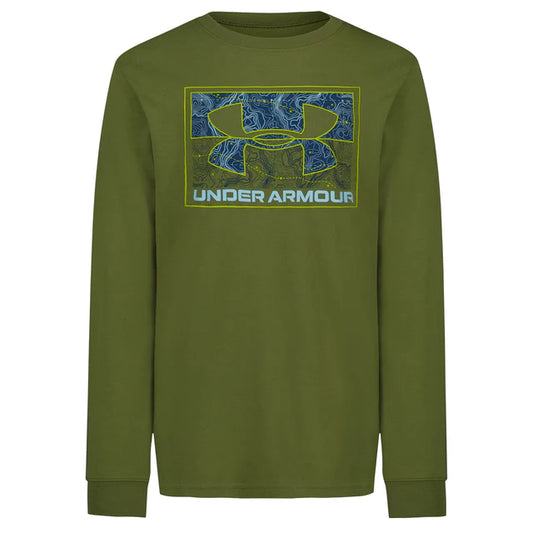 Chandail - Under Armour vert olive à manches longues avec logo graphique bleu et jaune, en coton, vue de face.