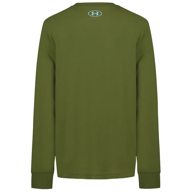 Chandail - Under Armour vert olive à manches longues en coton, pour enfant, vue de dos avec logo bleu clair.