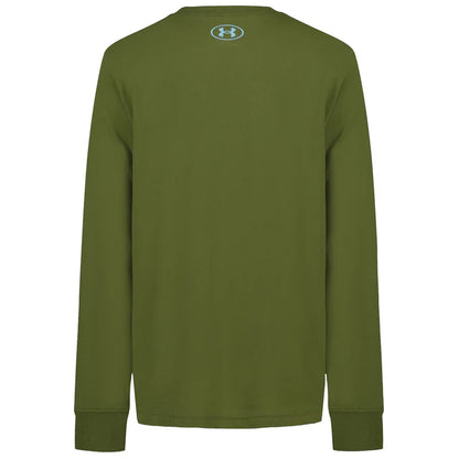 Chandail - Under Armour vert olive à manches longues en coton, pour enfant, vue de dos avec logo bleu clair.
