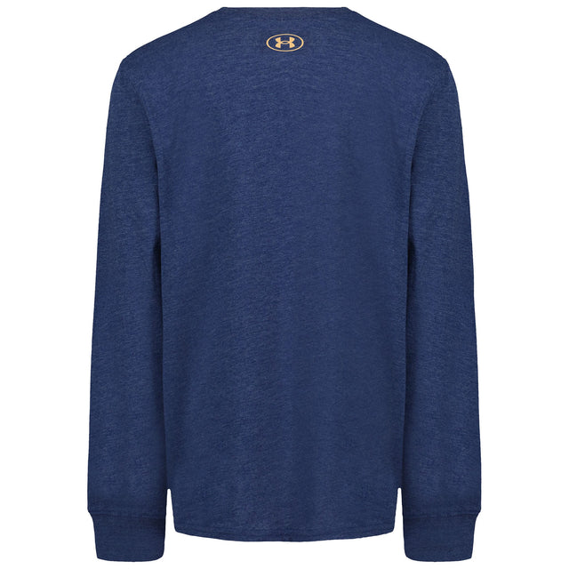 Chandail - Under Armour bleu marine à manches longues en tissu doux, vue de dos avec logo beige sur le col, pour enfant garçon.