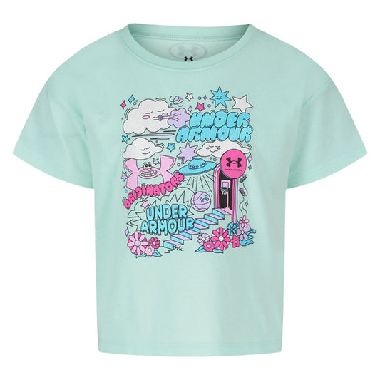 T-Shirt - Under Armour bleu clair avec illustration graphique colorée rose, violette et blanche, pour fille, vue de face.