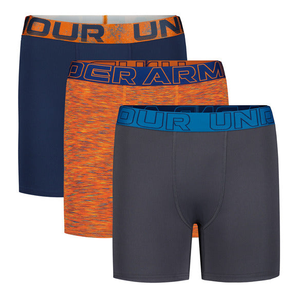 3 Paires de boxers - Under Armour en tissu technique, couleurs bleu marine, orange chiné et gris, taille homme, vue de face, ceinture à logo contrasté.