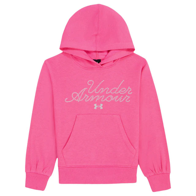 Hoodie - Under Armour rose vif en coton avec capuche, poches avant, logo et texte décoratif blanc, pour enfant, vue de face.