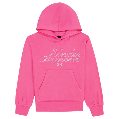Hoodie - Under Armour rose vif en coton avec capuche, poches avant, logo et texte décoratif blanc, pour enfant, vue de face.