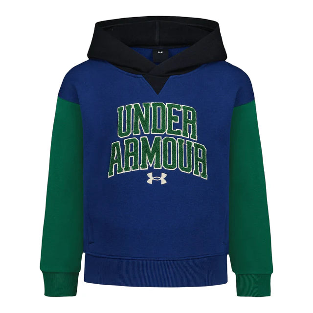 Hoodie - Under Armour bleu avec manches vertes et capuche noire, logo brodé blanc et vert, style sportif, vue de face.
