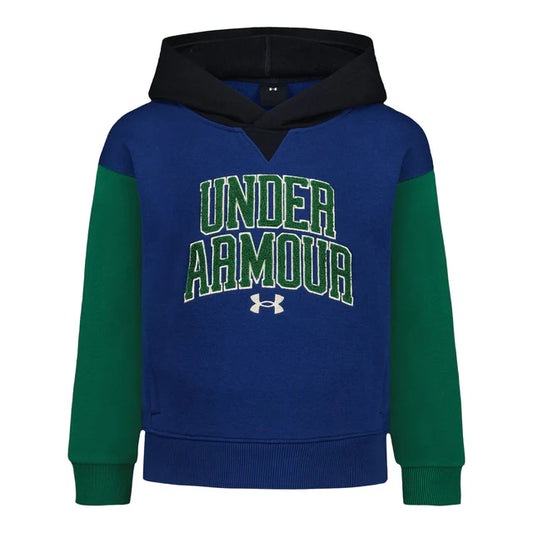 Hoodie - Under Armour bleu avec manches vertes et capuche noire, logo brodé blanc et vert, style sportif, vue de face.