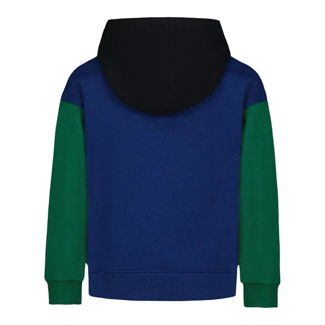 Hoodie - Under Armour bleu marine avec manches vertes et capuche noire, en coton, pour enfant, vue de dos.