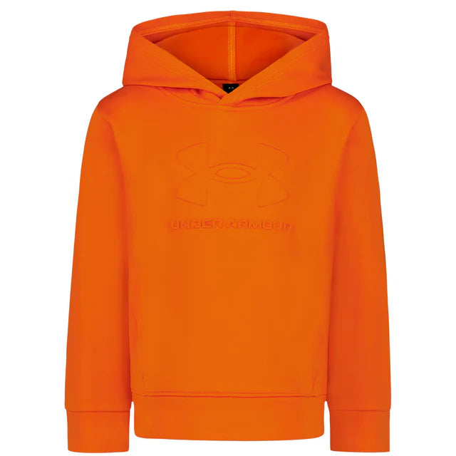 Hoodie - Under Armour orange vif en tissu coton doux avec capuche, logo ton sur ton embossé devant, vue de face, pour enfant.
