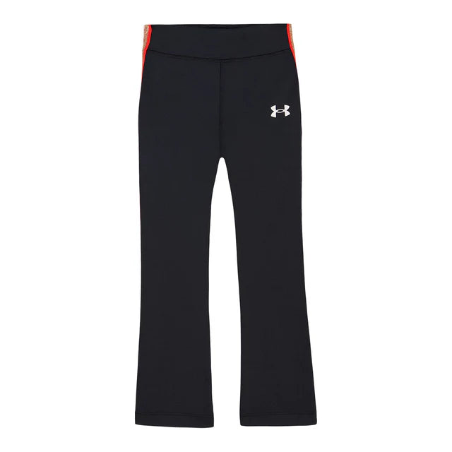 Pantalon - Under Armour noir avec détail rouge sur les côtés, coupe droite, tissu extensible pour enfant, vue de face.
