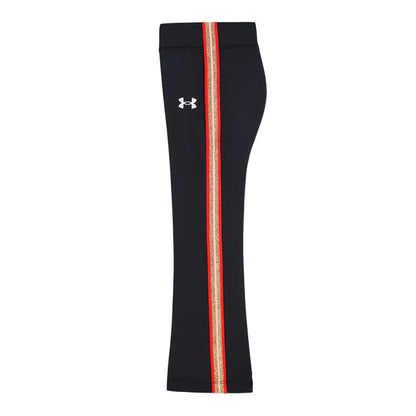 Pantalon - Under Armour noir avec bandes latérales rouges et dorées, en tissu stretch, vue de côté.