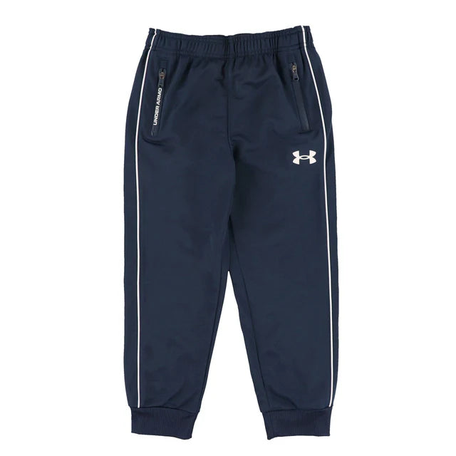 Pantalon - Under Armour bleu marine en tissu technique avec bandes latérales blanches, coupe droite, vue de face.