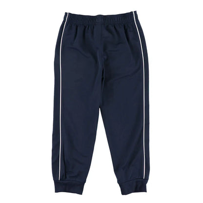 Pantalon - Under Armour bleu marine en tissu technique avec bandes blanches latérales, style jogging, vue de face pour enfant.