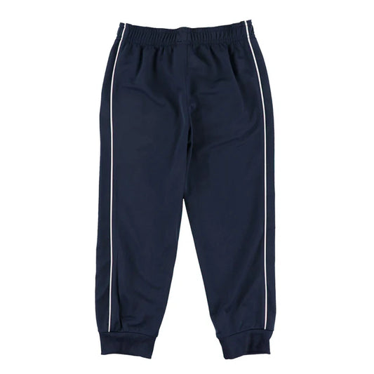 Pantalon - Under Armour bleu marine en tissu technique avec bandes blanches latérales, style jogging, vue de face pour enfant.