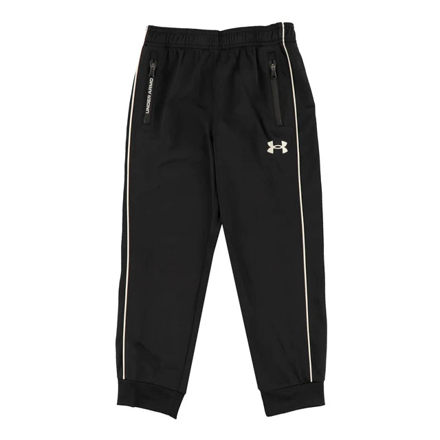 Pantalon - Under Armour noir avec bandes blanches latérales, poches zippées, tissu technique, pour enfant, vue de face.