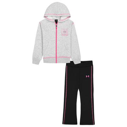 Ensemble - Under Armour pour enfant avec sweat à capuche gris clair à zip rose et pantalon noir à bandes roses, vue de face.