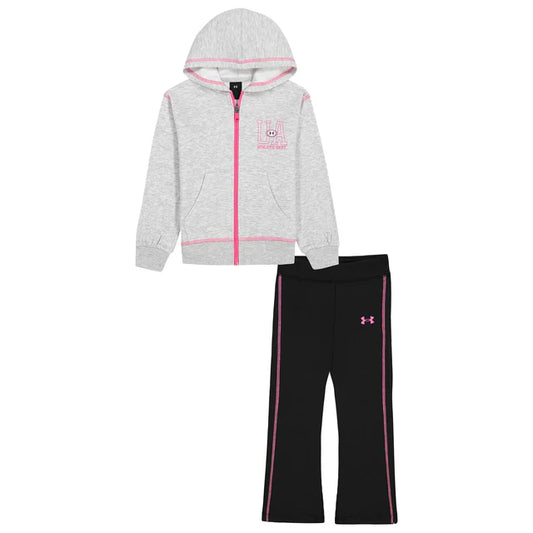 Ensemble - Under Armour pour enfant avec sweat à capuche gris clair à zip rose et pantalon noir à bandes roses, vue de face.