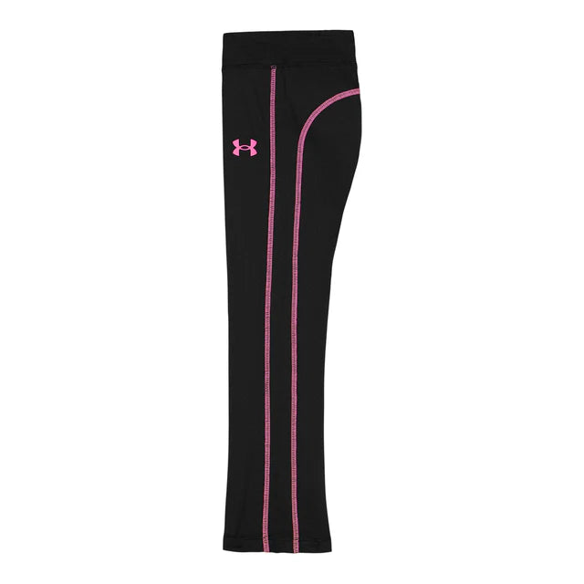 Pantalon de sport noir avec coutures roses et logo rose sur la cuisse, en tissu technique, pour enfant, vue de profil, Ensemble - Under Armour.