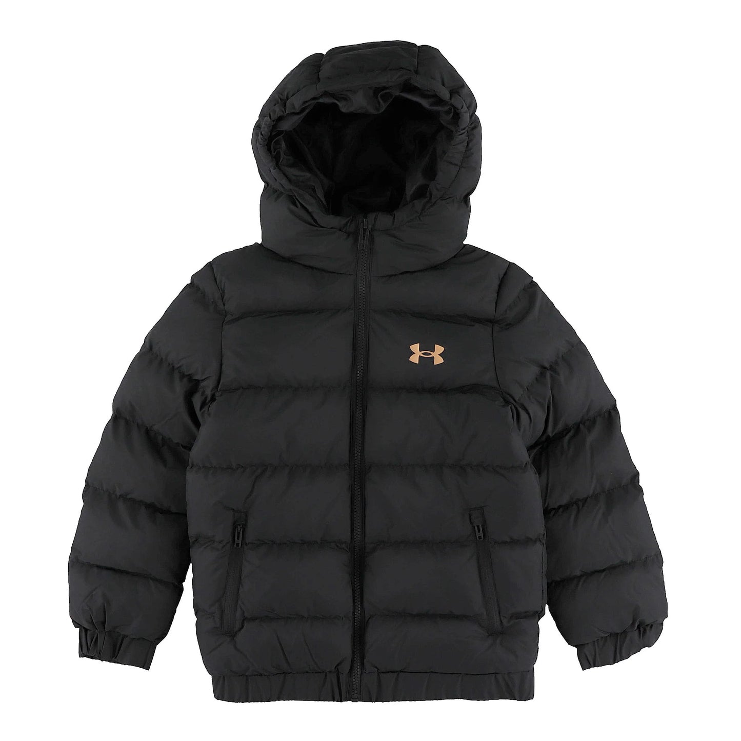 Manteau Mi-Saison - Under Armour noir matelassé avec capuche, fermeture zippée et poches avant, style enfant, vue de face.