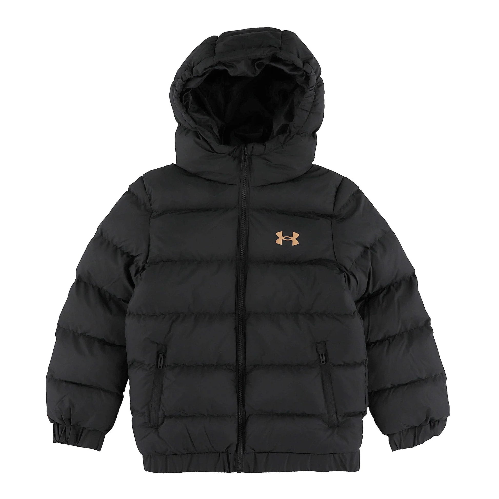 Manteau Mi-Saison - Under Armour noir matelassé avec capuche, fermeture zippée et poches avant, style enfant, vue de face.