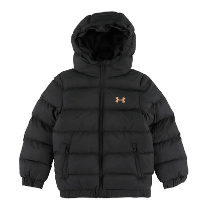 Manteau Mi-Saison - Under Armour noir matelassé avec capuche, fermeture zippée et poches avant, style enfant, vue de face.