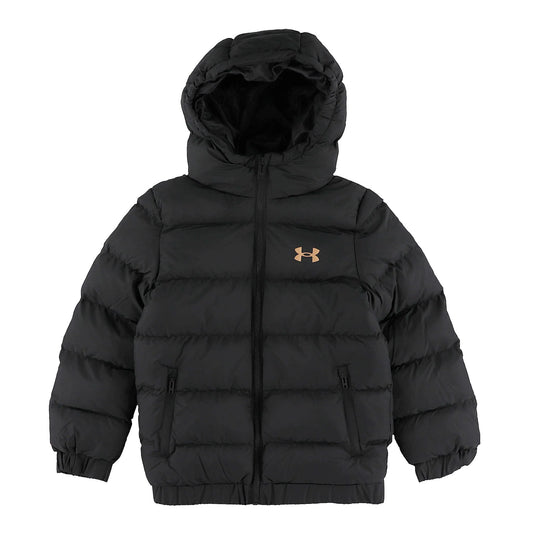 Manteau Mi-Saison - Under Armour noir matelassé avec capuche, fermeture zippée et poches avant, style enfant, vue de face.