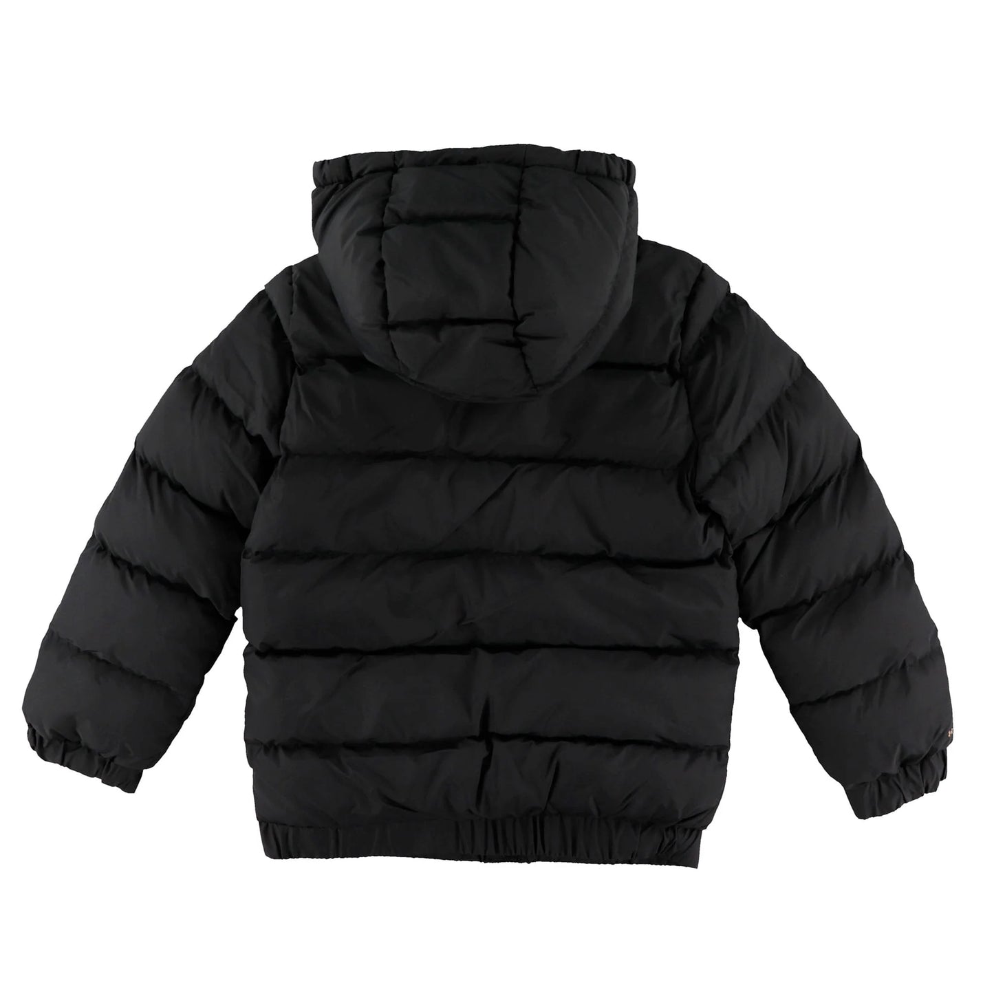 Manteau Mi-Saison - Under Armour noir matelassé avec capuche, pour enfant, vue de dos sur fond blanc.