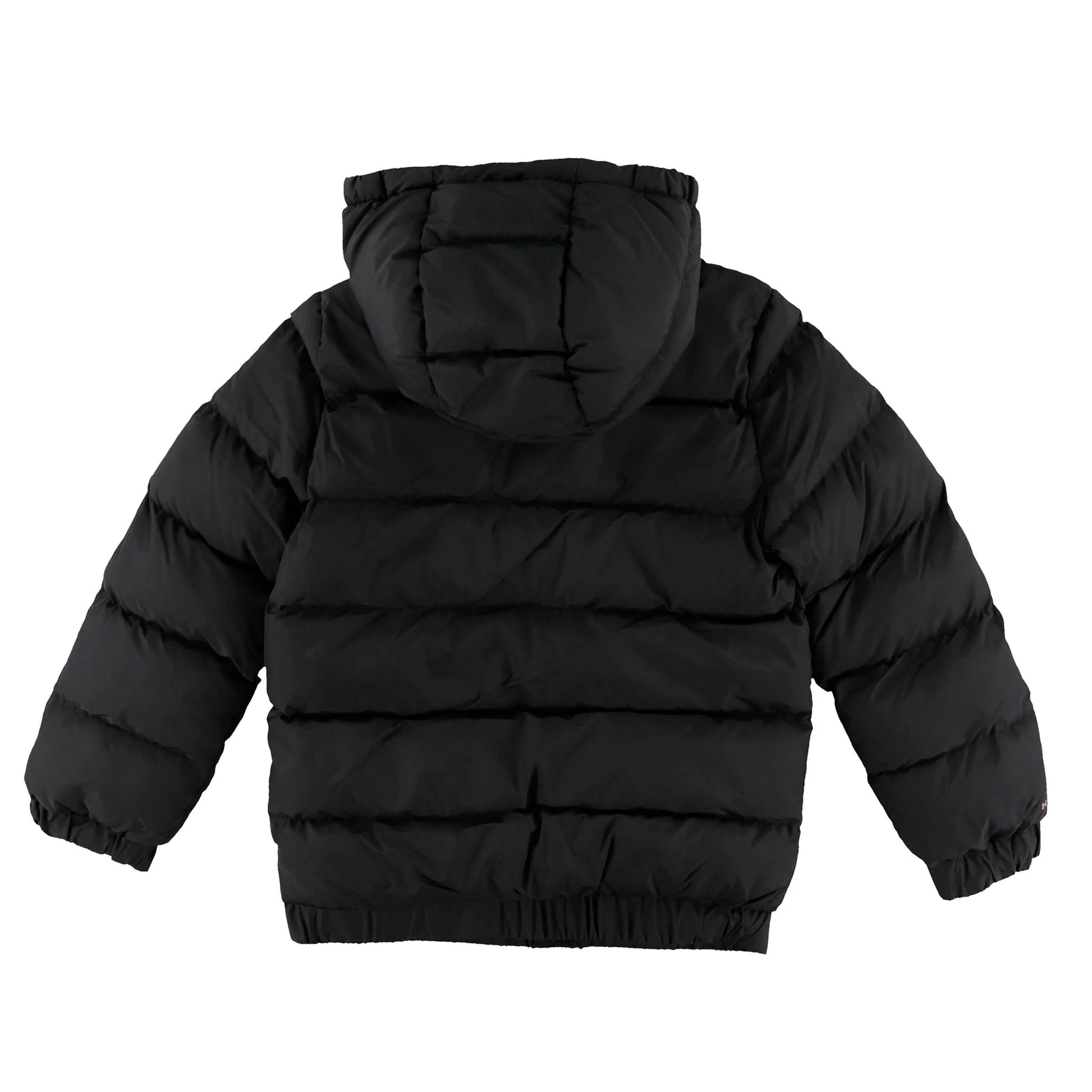 Manteau Mi-Saison - Under Armour noir matelassé avec capuche, pour enfant, vue de dos sur fond blanc.