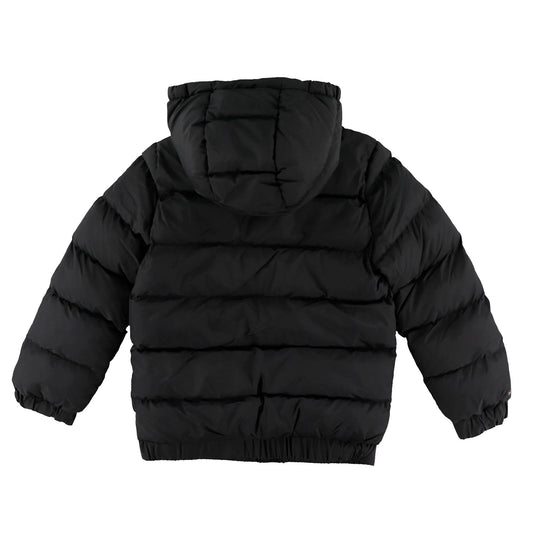 Manteau Mi-Saison - Under Armour noir matelassé avec capuche, pour enfant, vue de dos sur fond blanc.