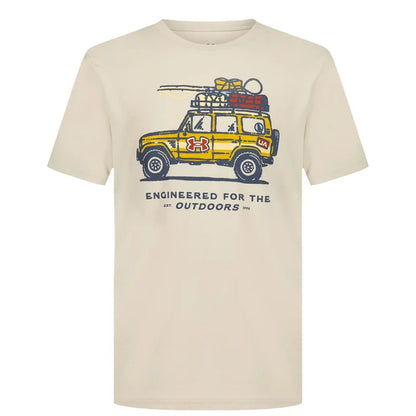 T-Shirt - Under Armour beige avec illustration d'un véhicule jaune chargé d'équipement, style casual, vue de face.