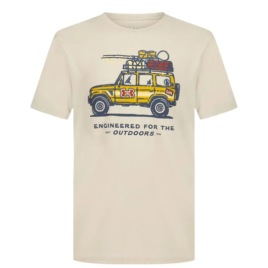 T-Shirt - Under Armour beige avec illustration d'un véhicule jaune chargé d'équipement, style casual, vue de face.