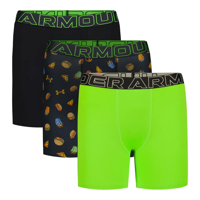 3 Paires de boxers - Under Armour, modèles noirs et vert fluo, dont un à motifs colorés, vue de face