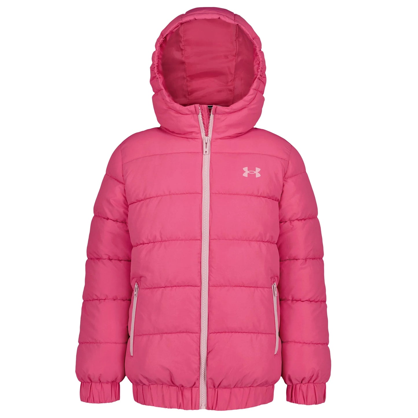 Manteau Mi-Saison - Under Armour rose vif pour enfant, matelassé avec capuche, fermeture zippée et poches latérales, vue de face portée sur mannequin.