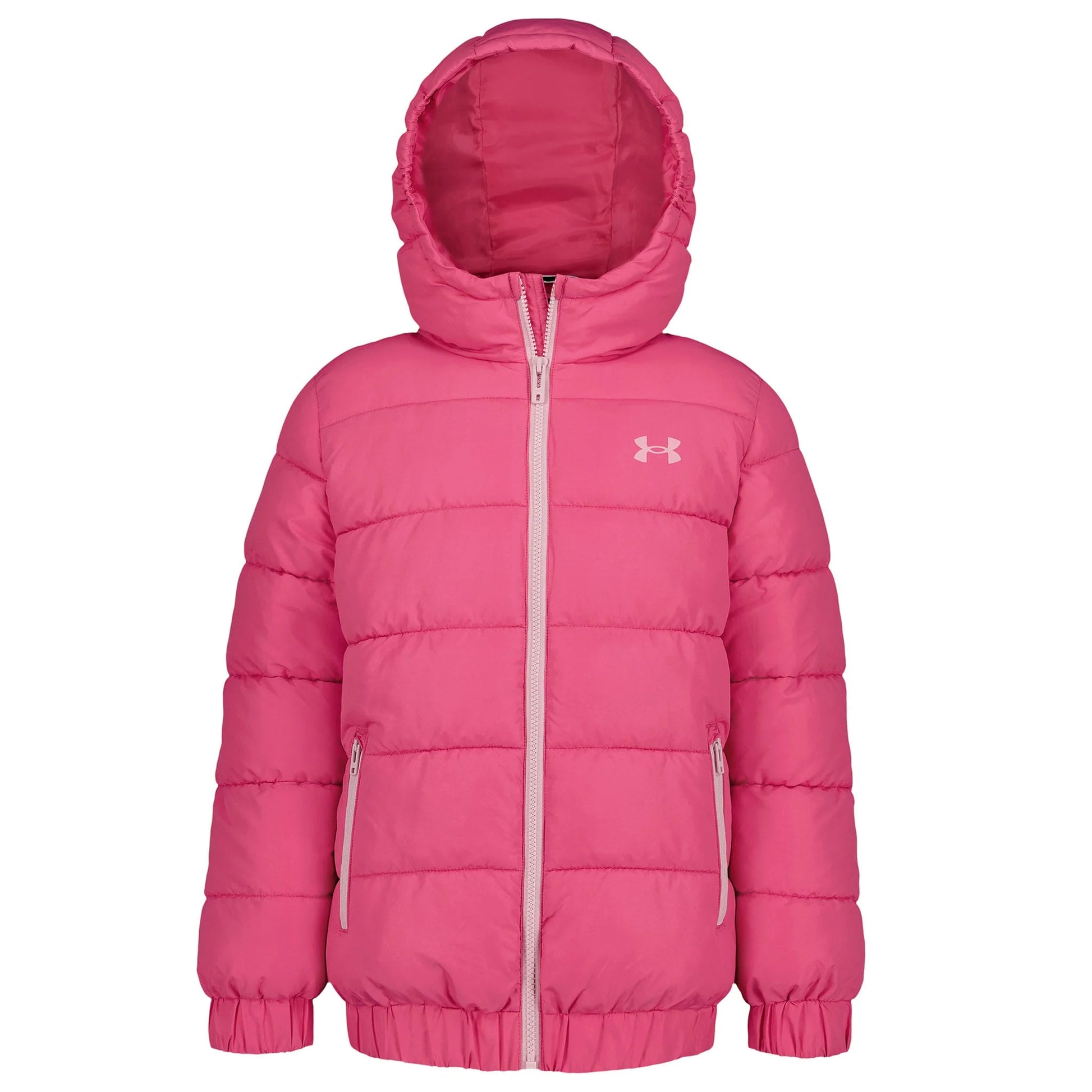 Manteau Mi-Saison - Under Armour rose vif pour enfant, matelassé avec capuche, fermeture zippée et poches latérales, vue de face portée sur mannequin.