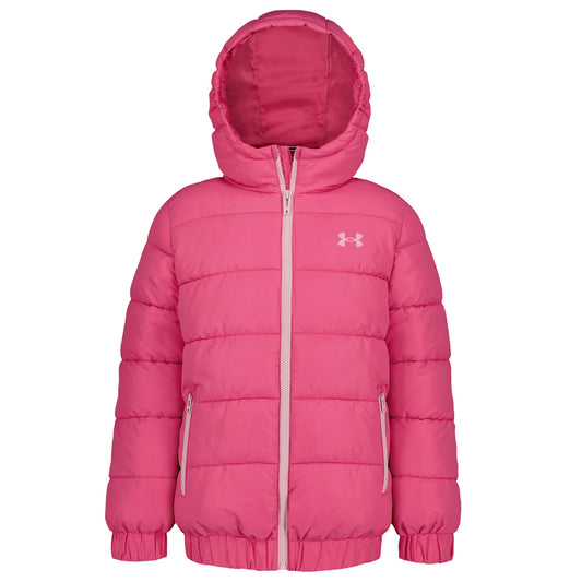 Manteau Mi-Saison - Under Armour rose vif pour enfant, matelassé avec capuche, fermeture zippée et poches latérales, vue de face portée sur mannequin.