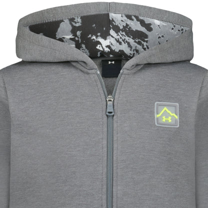 Veste - Under Armour grise à capuche, fermeture zippée et logo contrasté, vue de face avec intérieur camouflage noir et gris