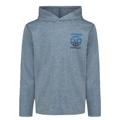 Chandail - Under Armour gris chiné à capuche et manches longues avec logo bleu sur la poitrine vue de face