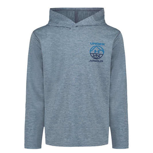 Chandail - Under Armour gris chiné à capuche et manches longues avec logo bleu sur la poitrine vue de face