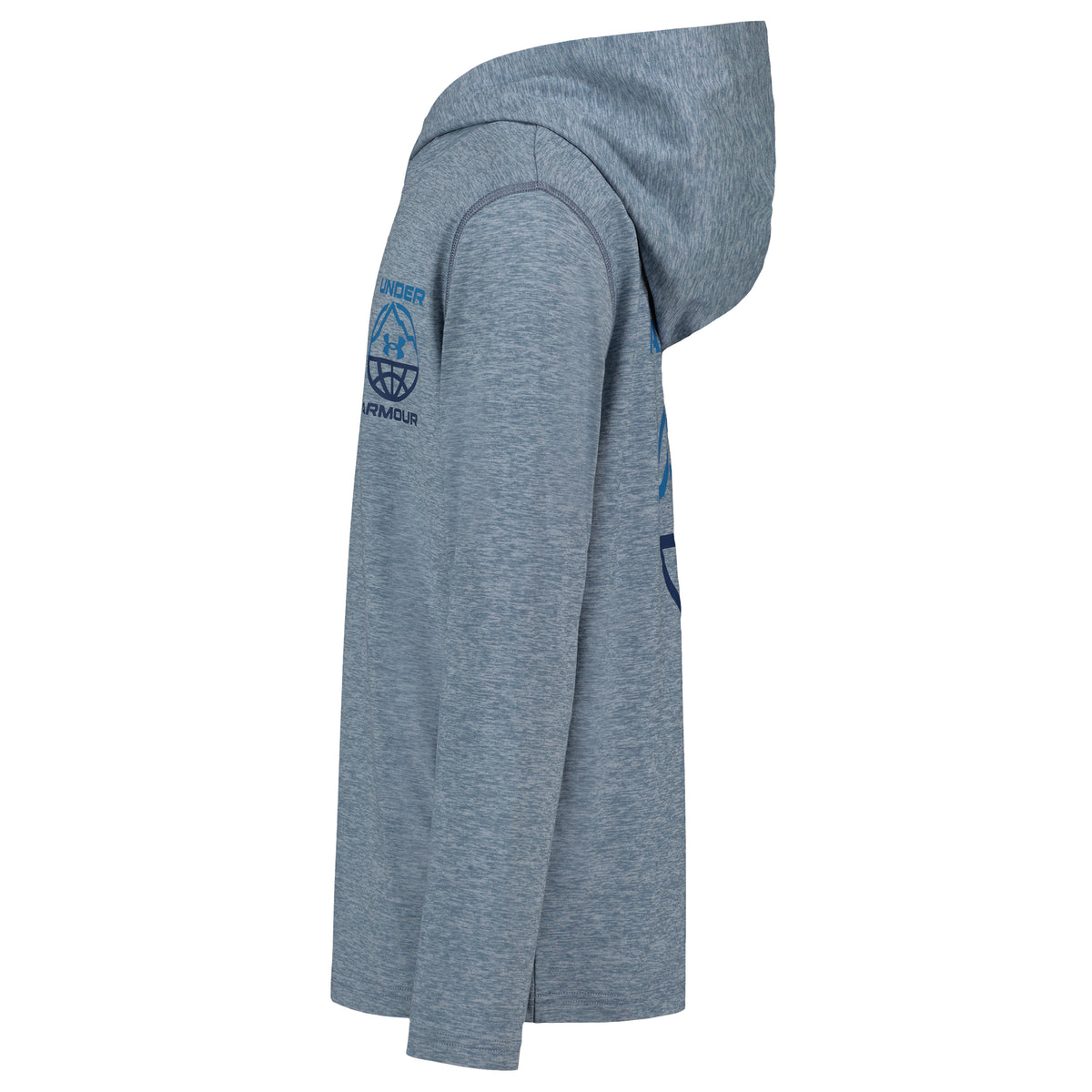 Chandail - Under Armour gris chiné à capuchon et manches longues, logo imprimé sur la manche, vue de profil