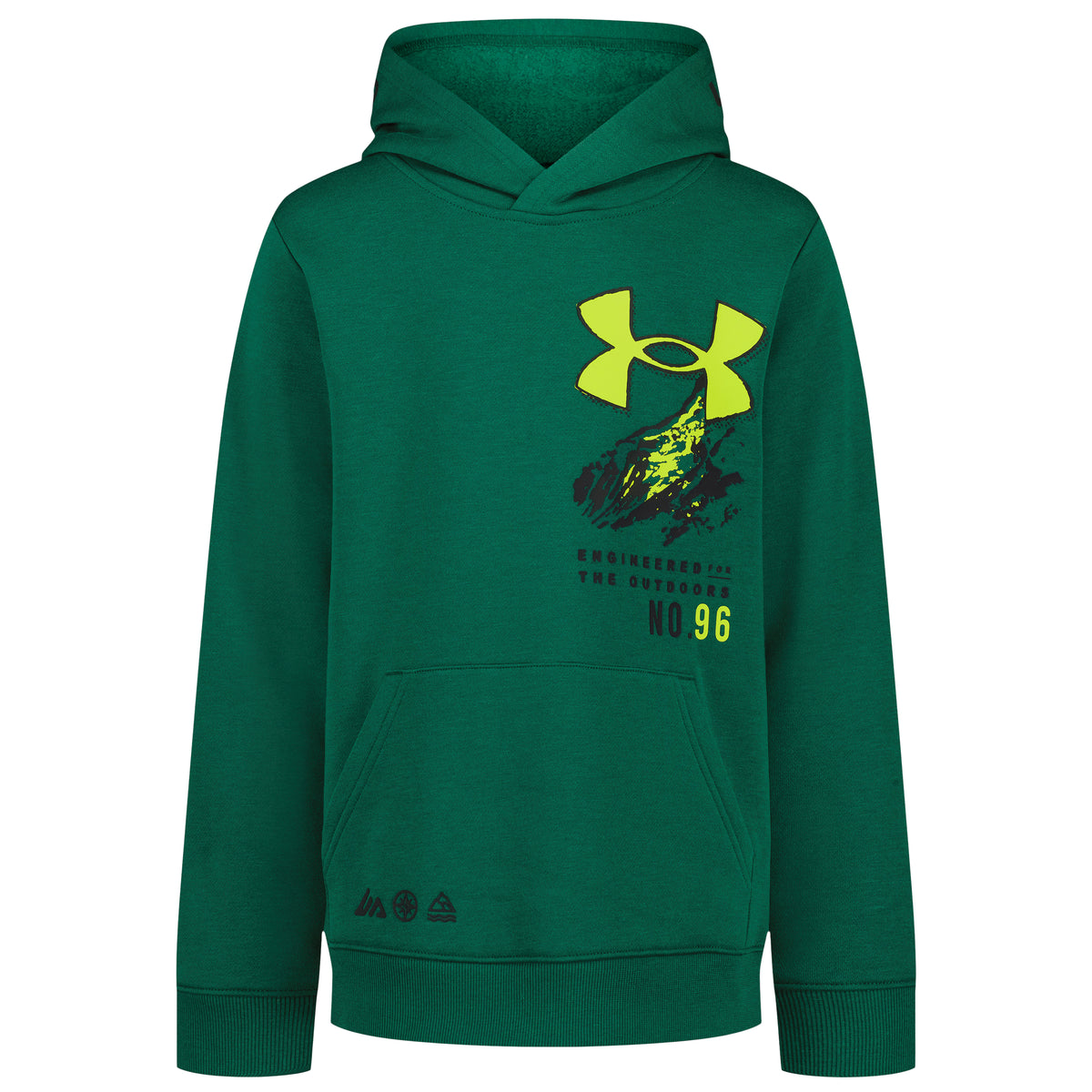 Hoodie - Under Armour vert foncé à capuche, logo jaune et motif graphique noir sur le devant, vue de face pour enfant