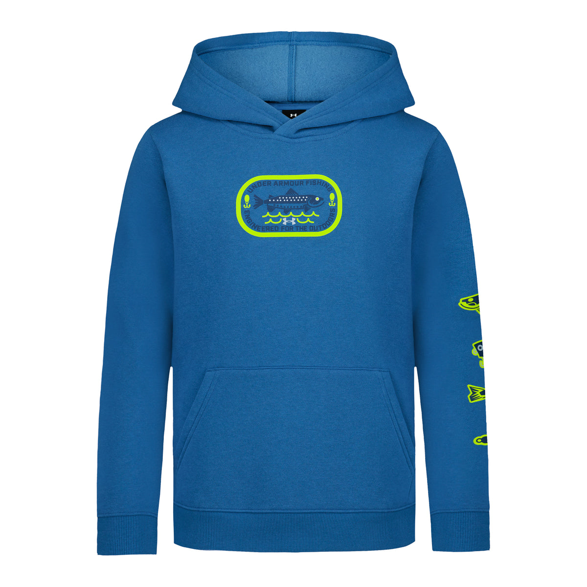 Hoodie - Under Armour bleu pour enfant avec motifs jaune fluo, capuche et poche kangourou, vue de face