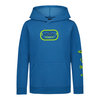 Hoodie - Under Armour bleu pour enfant avec motifs jaune fluo, capuche et poche kangourou, vue de face