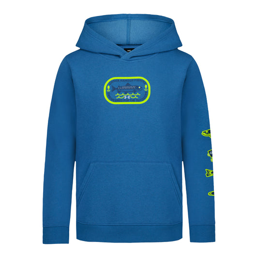 Hoodie - Under Armour bleu pour enfant avec motifs jaune fluo, capuche et poche kangourou, vue de face
