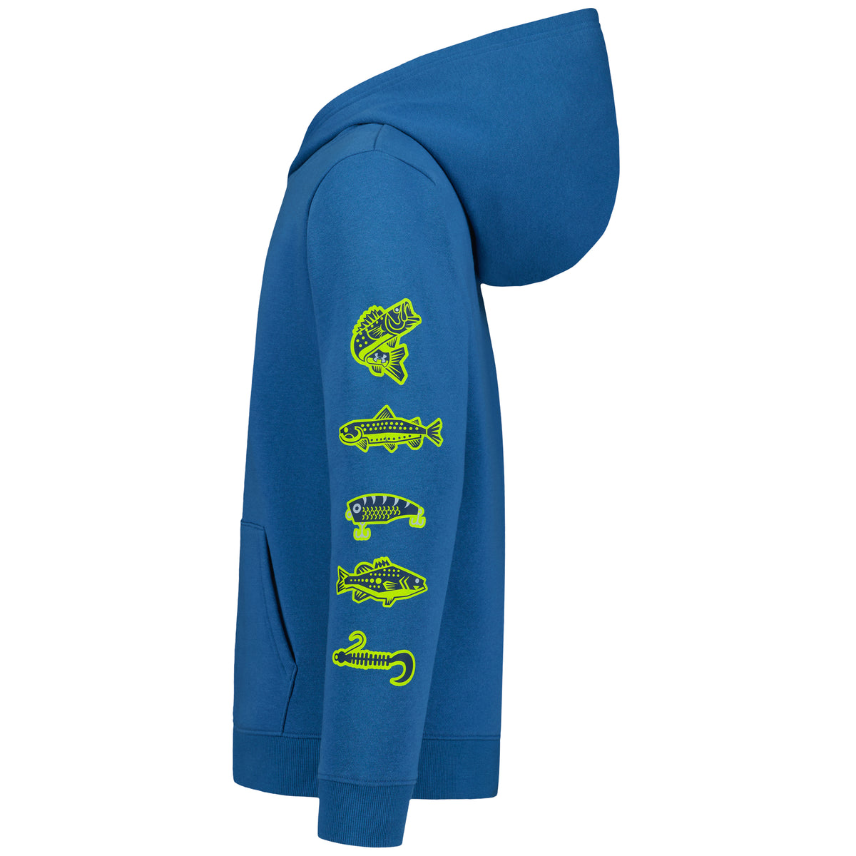 Hoodie - Under Armour bleu à capuche, motifs de poissons verts sur la manche, poche kangourou, vue de profil