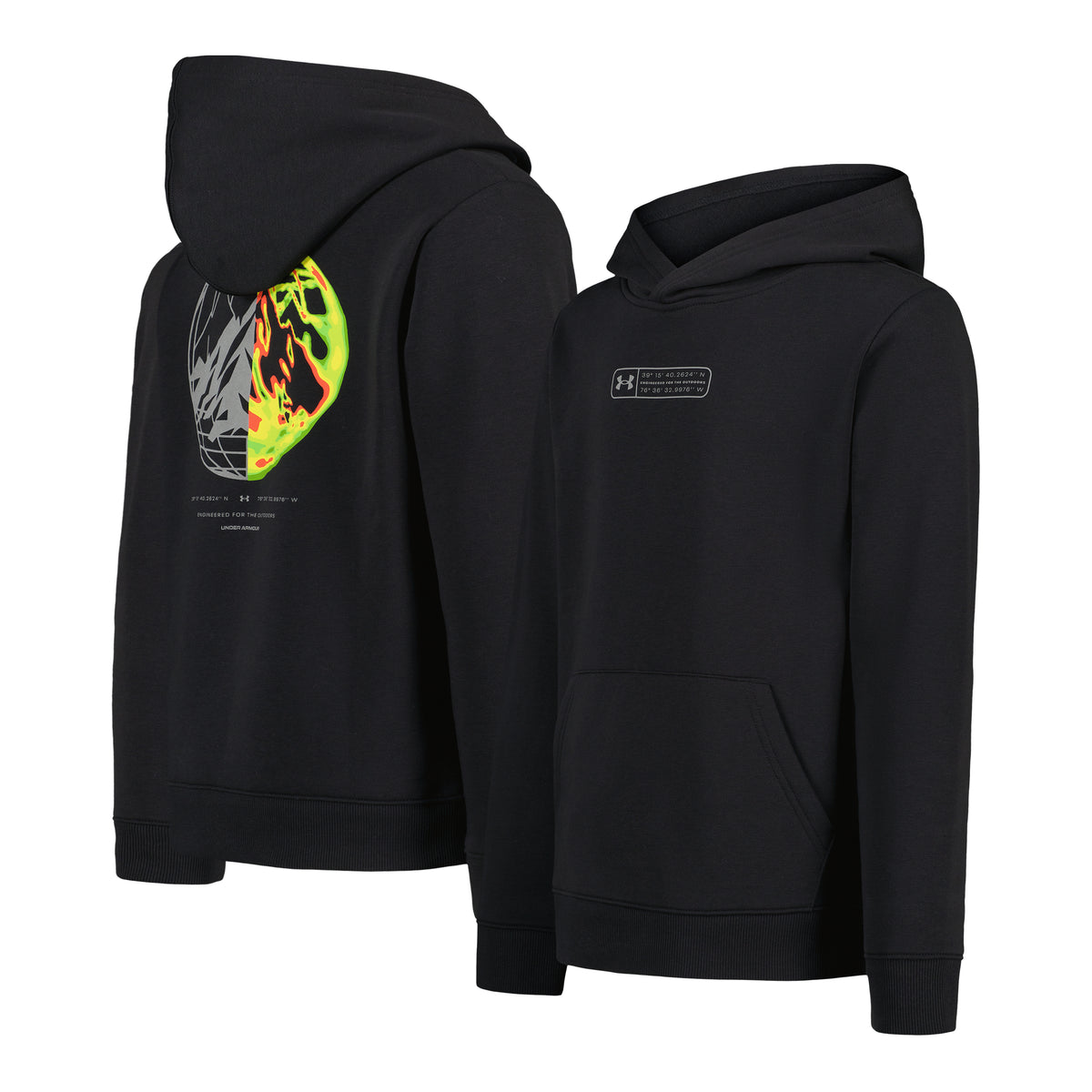 Hoodie - Under Armour noir à capuche avec poche kangourou et motif graphique coloré au dos, vues de face et de dos